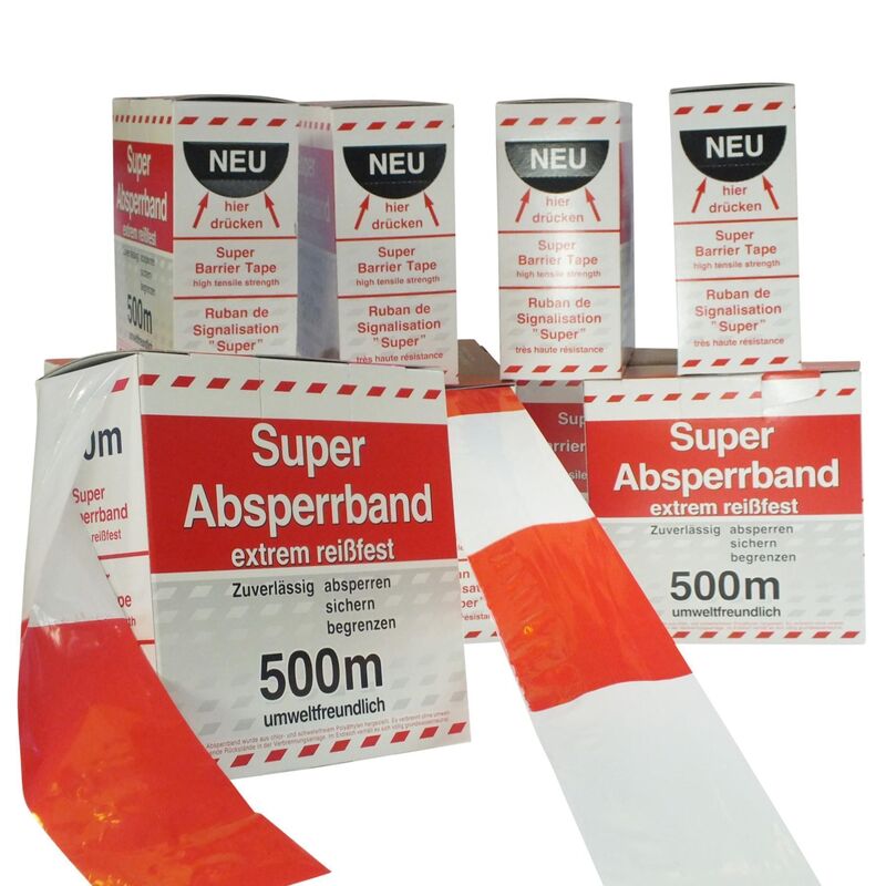 Absperrband Super -  rot/weiss - 500 m Karton, 80 mm breit
