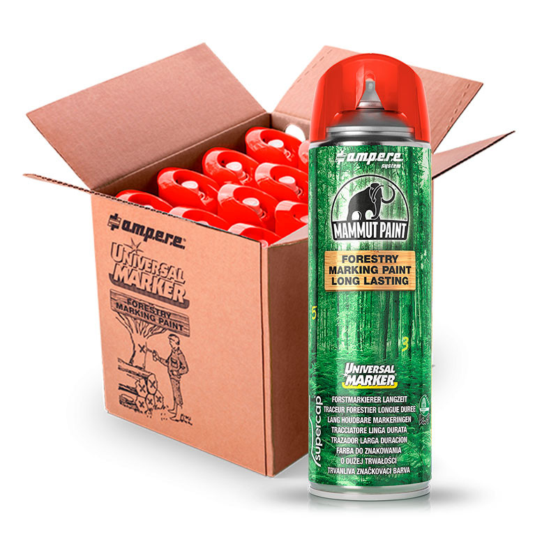 Offener Karton mit roten Forstmarkierungsspray-Dosen und eine grüne Ampere Mammut Paint Spraydose daneben