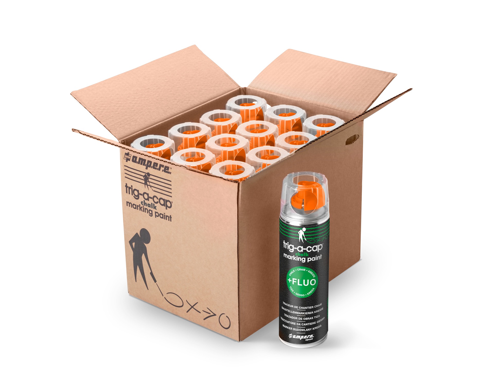 Offene Kartonbox mit 12 orangefarbenen Markiersprays Trig-a-cap von Ampere, eine Spraydose steht daneben