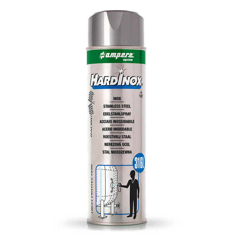 edelstahlspray-hardInox Das Edelstahlspray „HardInox“ ist eine korrosions- und witterungsbeständige Oberflächenbeschichtung. Durch die enthaltenen Edelstahlpigmente 316 L ist der Einsatz überall dort möglich, wo eine widerstandsfähige und effektvolle Schutzschicht gefordert ist.