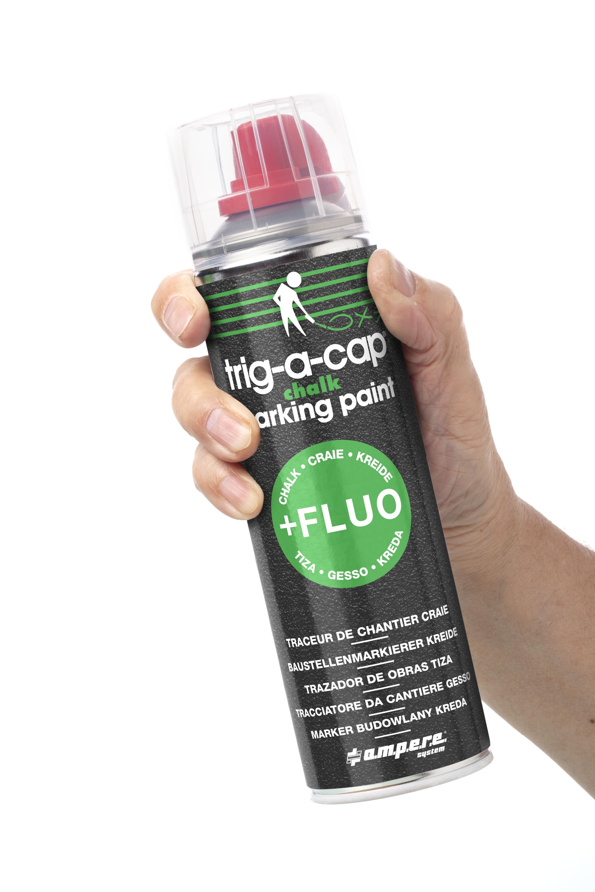 Hand hält Spraydose mit tig-a-cap Markierungsfarbe, schwarze Dose mit grünem +FLUO Label und roter Sprühkappe