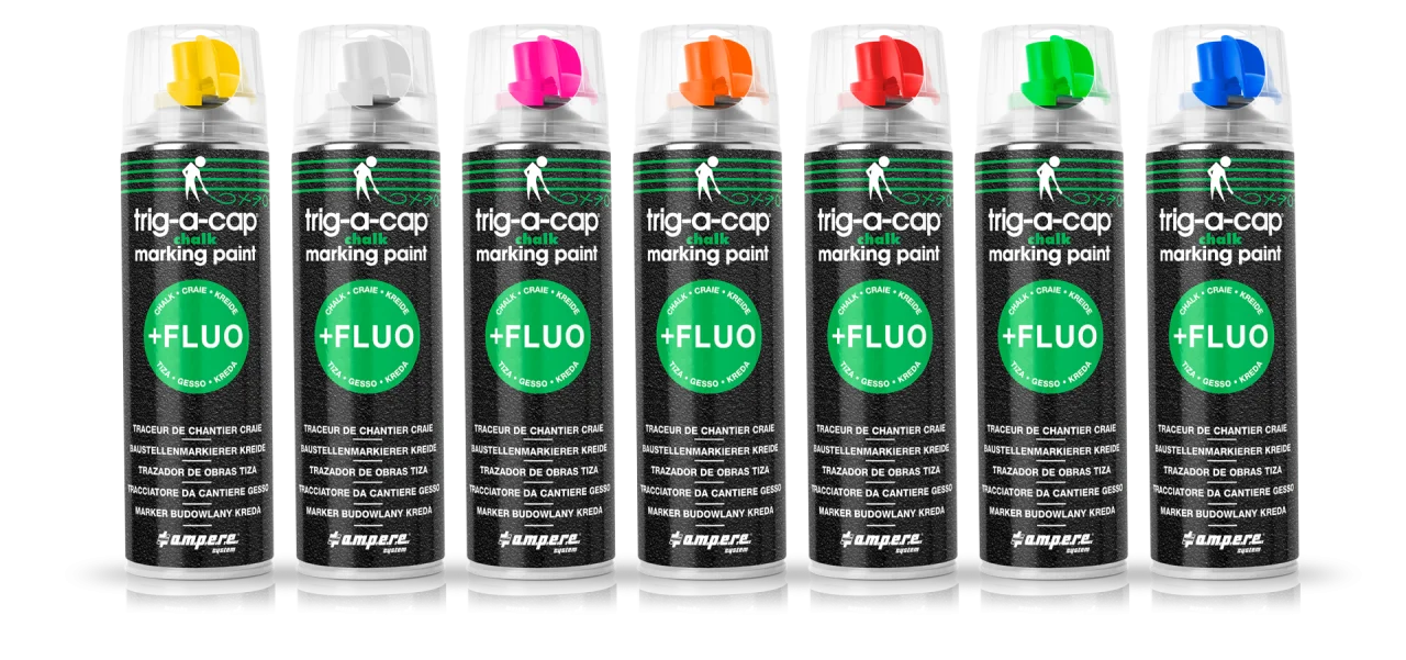 Sieben Spraydosen trig-a-cap Markierfarbe +FLUO in verschiedenen Farben nebeneinander aufgereiht