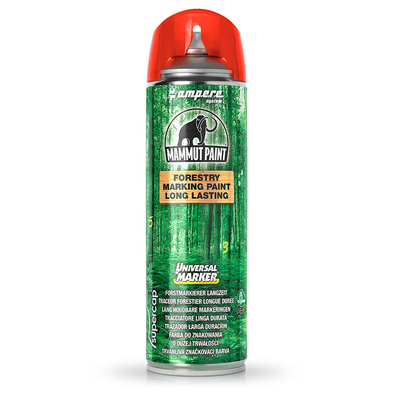 Mammut Paint Forstmarkierungsspray in roter Farbe mit grünem Etikett und Waldmotiv auf weißem Hintergrund